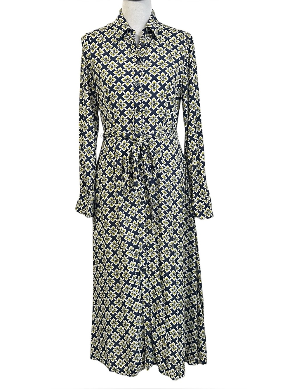 Boden Women Kate Midi Shirt Belted Geo Floral Dress Sz 6L Blue Green Long Sleeve